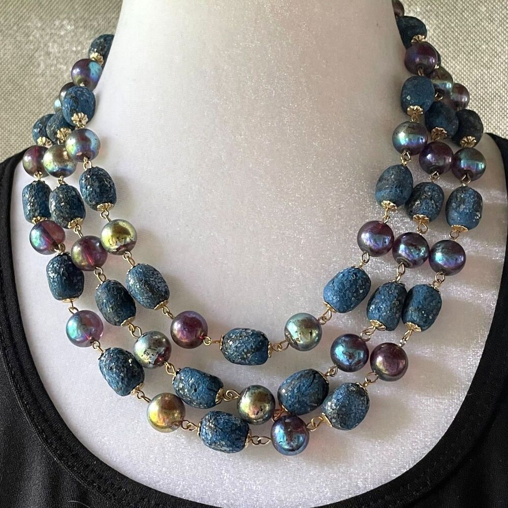 Vintage Japan Triple Strand Peacock Blue Bead Statement Necklace Textured Beads